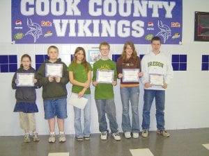 The March 2009 middle school students of the month are: 6th grade Emma Nalezny and Jamie Wick 7th grade, Kori Ostman and Zachary Sturm 8th grade Rachel Wieben and Colin Everson.