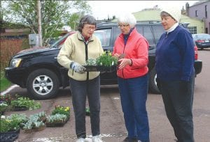 Staff photos/Rhonda Silence Despite very cold temperatures, unlike members of the Grand Marais Garden Club gathered on June 1 to plant flowers in boxes and containers throughout town. Above: Master Gardener Nancy Carlson passed out flats of flowers, each marked for a specific location in Grand Marais. (L-R) Francis Jarchow, Carlson, Marge Lozenski.