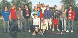 (Front) Luke Fenwick, reclining. (Second row, kneeling) Sarah Fagerman, Sterling Anderson. (L-R, back) David Hansen, Aaron Carlson, Zack Twiest, Max Simonowicz, Bekah Laky, Erica Borson, Coach Scott Steinbach, Brock Hommerding, Kipp Sande, Tara Austin, Alex Ditmanson (Not pictured: Shane Billings, Will Hellner).