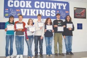 Photos by John Engelking The May 2009 high school students of the month are 9th grade Ashley Ross, Alex Ditmanson 10th grade Sarah Warren, Sebastian Schnobrich 11th grade Erica Borson, Will Hellner 12th grade Westin Waver (not pictured Brianna Bauman) Congratulations to the May 2009 students of the month from all of us at the Cook County News-Herald!