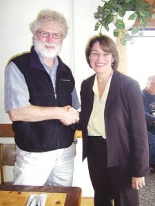 U.S. Senator Amy Klobuchar, standing here with Grand Marais City Councilor Tim Kennedy, made a quick visit to Grand Marais Tuesday, June 30, 2009.