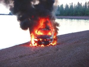 Photos courtesy of Cook County Law Enforcement Cook County Law Enforcement received three calls at 8:36 p.m. on Sunday, July 5 reporting a vehicle on fire at Paradise Beach in Colvill. The Colvill and Hovland Fire Department were on the scene within ten minutes to find the vehicle fully engulfed. The 2005 Dodge Ram pickup belonging to Donald William Larson, 72, Las Vegas, Nevada, was totally destroyed. Arrangements were made to tow the vehicle the next day after the Colvill Fire Department determined there were no hazardous materials leaking from the car. The suspected cause of the fire is from a mouse nest on the exhaust, however the vehicle was so damaged, it is hard to determine.