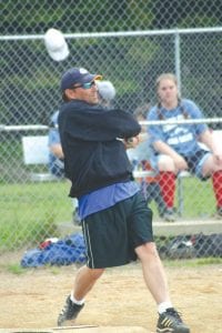 Staff photo/       Rhonda Silence  Randy Spry at   bat for the     Ryden Bauch team.