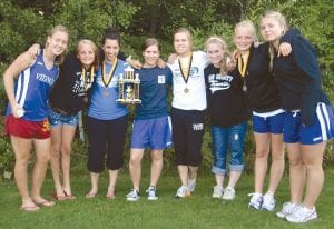 Photo by Clara Weitz The Viking girls’ varsity cross-country running team won first place at the Eveleth Invite meet on Thursday, September 17. (L-R) Anna Schield, Signe Larson, Michelle Weitz, Amber Fletcher, Sonja Peterson, Shelby Ahrendt, Ailee Larson, Molly Rider.