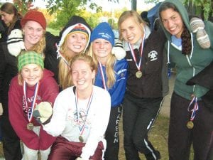 Photos by Mike Larson Top: 3-peat! The Viking cross-country running girls won the 13-team Hibbing Invitational for the third year in a row on Thursday, October 8, 2009. (L-R, front) Mercedes Leininger, Anna Schield. (L-R, back) Shelby Ahrendt, Molly Rider, Ailee Larson, Sonja Peterson, Michelle Weitz.