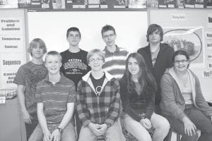 Staff photos/Rhonda Silence The junior varsity Knowledge Bowl team took first place at the competition at Mountain Iron on Tuesday, October 13. The knowledgeable Cook County high school students are (L-R, front) Kieran Scannell, Ben Seaton, Mara MacDonell, and Sarah Larsen. (L-R, back) Collin Berglund, Hayden Goettl, Bjorn Johnson, Chris Hoglund.