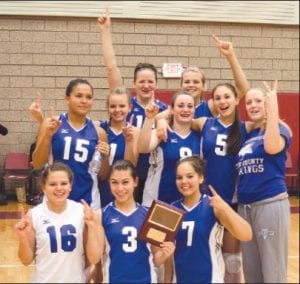 The Vikings celebrate their win at the Two Harbors Tournament earlier this month. The Vikings entered playoffs with a conference record of 7-3 and an impressive overall record of 17-5. (L-R, front) Samantha Jacobsen, Carly Puch, Chelsey Sorenson. (L-R, middle) Christina Nelson, Ashley Green, Kristina Rude, Ashley Deschampe, Bekah Laky. (L-R, back) Essa Jacobsen, Brea Boomer. (Not pictured – Linnea Leonard, Taryn Logan).