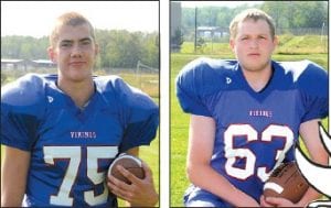 Mike Austin (left) and Trevor Pehrson each picked up two quarterback sacks in the game against the Ely Timberwolves.