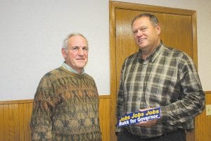 Staff photo/Rhonda Silence Senator Tom Bakk made a stop at the Cook County – Grand Marais Economic Development Authority (EDA) when he visited the North Shore on Tuesday, October 27. Bakk talked to EDA Director Matt Geretschlaeger about his gubernatorial campaign slogan—Jobs, Jobs, Jobs.