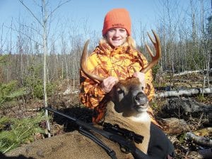 Jessica Berg-Collman, 13, shot this beautiful eight-point buck on Nov. 9 while hunting with her mom, Julie Collman. The buck weighed in at 218 lbs. and had a 19 ½” spread. Jessica would like to thank Ranger Bob Maki for going to Canada so his deer stand was available. Left: A few days before she got her nice buck, Jessica was hunting in that spot—and she spotted something that “resembled a deer.” Closer investigation revealed this meticulously handcrafted deer about 400 feet away in her shooting lane, left there by Ranger Bob! Julie Collman said, “Jessica got the last laugh though, shooting her trophy from his stand while he was off goofing around in Canada!”