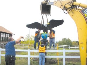 A new addition to the Grand Portage Veterans Memorial was installed just days before the November 11, 2009 Veterans Day event—a majestic bald eagle, perched on a globe with its wings stretched in a protective pose. Grand Portage veteran and Tribal Council member Bill Myers saw a smaller eagle on display at an outdoor show in Brainerd. He asked the creator if he had something larger, for veterans. The vendor did, and he delivered the huge eagle to Duluth where Grand Portage veteran Mickey Spry picked it up and brought it home to Grand Portage. Tara Gordon of Grand Portage painted the eagle, globe, and sturdy base. A new sign, from FastLine Graphics in Duluth, also now clearly declares the name of the honorable site and explains why the Grand Portage Veterans Memorial is needed—it is “Defending the Past – Protecting the Future.” Above: Members of Grand Portage American Legion Post 2009 help guide the eagle into place. Right: The new eagle seems to be protecting the golden eagle that has stood guard over the Veterans Memorial at the edge of the hill since 2002.