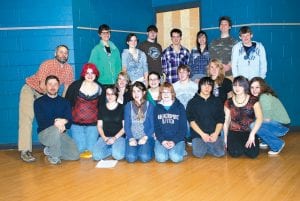 Photo courtesy of the school The cast and crew of the one-act play within a one-act play are (L-R, front) Asst. Dir. Adam Helbach, Yvonne Block, Aliya Marxen, Sarah Warren, Mara MacDonell, Sarah Larsen, Jordyn Kirk, Jesse Johnson, Kaleb Abelon, Katrina Axtell, Kayla Stacy, Erica Borson. (L-R, back) Director Michael McHugh, Will Brandenburg, Sarah O’Phelan, William Hellner, Tyler Goldstein, Ashley Ross, Jordan Zunker, Zack Twiest. (Not pictured: Sebastian Schnobrich, Brittany Lilienthal, Michaela Peterson.)