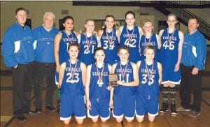 The Vikings claimed second place in the Walker Christmas Tournament. The triumphant team! (L-R, front) Theresa Morrin, Leah Utities, Taylor Ryden, Molly Zafft. (L-R, back) Head Coach T.J. Super, Assistant Coach John Jacobsen, Christina Nelson, Bekah Laky, Brea Boomer, Essa Jacobsen, Ailee Larson, Kaitlynn Linnell, Assistant Coach Kim Linnell. Left: Earning places on the Walker All-Tournament team were (L-R) Cook County Vikings Brea Boomer, Ailee Larson and Essa Jacobsen.