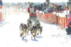 Nathan Schroeder of Chisholm at the start of the 27th John Beargrease Sled Dog Marathon in Duluth on Sunday, January 31, 2010. Schroeder held the lead throughout the race and crossed the finish line at Billy’s in Duluth at 10:04 a.m. on Wednesday, February 3. See more John Beargrease action on page A13.