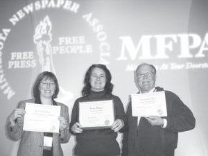 News-Herald honors—Editor Rhonda Silence with the second place award for Use of Photography as a Whole, Writer Jane Howard with her first place award in the Social Issues category, and Advertising Representative Andy Brostrom with the second place award for Advertising Excellence.