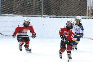 Mites #15, Levi Sheils, and Connor Somnis ready for action.