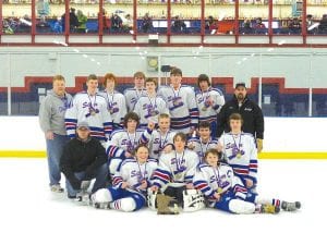 The Silver Bay Bantam team, the Mariners, claimed the championship in the Feb. 5-7 tournament in the Twin Cities. (L-R, front) Lucas Small, Alex Murray, Bradley Rowlee. (L-R, center): Coach Bruce Small, Isaac Bulen, Blake LeBlanc, Jonah Koehler, Thomas Anderson. (L-R, back) Coach Wade LeBlanc, Zach Duresky, Brock LeBlanc, Chad Smuk, Jordan Fralich, Lief Maxwell, Jeff Toland, Coach Larry Fralich.