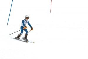 Caleb Phillips navigates the slalom course. Caleb finished sixth in the 8 – 9 yearold boys’ races at Spirit Mountain.