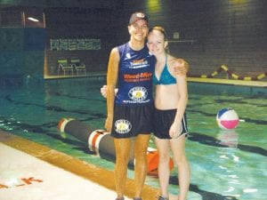 Eight-time log rolling and boom running champion Jenny Atkinson and her super-supporter Jessica Berg-Collman at the Grand Marais pool.