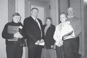 Representatives from the Soil and Water Conservation Districts in Cook, Lake and South St. Louis counties met with their representatives at the Capitol recently, including Sen. Tom Bakk. (L-R) Joan Farnam (Cook SWCD supervisor), Senator Bakk, Debra Taylor (South St. Louis SWCD supervisor), Cindy Gentz (Cook County Water Plan coordinator) and Tom Gelineau (Lake SWCD supervisor).