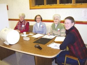 Schroeder election judges had a chance to visit and enjoy Girl Scout cookies during township elections Tuesday, March 9, 2010. L-R: Judy Gregg, Alicia Kangas, Jan Dillon, and Gale Ring.