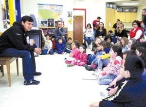 First Nations actor Adam Beach spent over two hours visiting with students at Oshki Ogimaag, talking about the importance of setting goals and following their dreams.