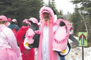 Below: Penguin Billy, well known to John Beargrease Sled Dog Marathon mushers as the fellow who decorates his road crossing station with penguins, joined the Mush for a Cure this year with a plethora of pink penguins.