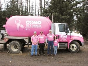 Como Oil and Propane’s bright pink propane truck was on hand for the festivities at Trail Center Lodge during the Mush for a Cure on Saturday, March 13. Enjoying the event was Steve Ortmann, John 