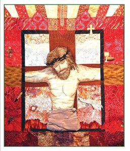 Top: This intricately handcrafted quilt depicting the crucifixion is one of the two dozen artist submissions in the upcoming The Stations of the Cross exhibit at the Grand Marais Art Colony. Bottom: This triptych made of willow by Mary Ellen Ashcroft is entitled Jesus Meets The Women of Jerusalem. It opens to give a thoughtful message.