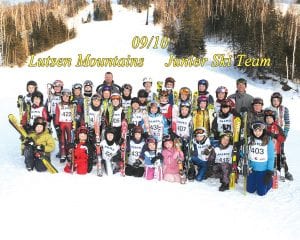 The Lutsen Mountains Junior Ski Team was all smiles as it wrapped up the ski season. (L-R, front) Ole Sorenson, Cayden Zimmer, Riley Tarver, Kevin Viren, Molly LaVigne, Olivia Nesgoda, Caleb Phillips, Ezra Lunde, Danielle Hansen. (L-R, second row) Masen McKeever, Sela Backstrom, Reilly Wahlers, Halle Lamb, Elsa Lunde, Bianca Zimmer, Claire LaVigne, Haley Yoki, Lynden Blomberg, Dylan Works, Will Surbaugh. (L-R, third row) Kyle Wiegele, Madysen McKeever, Alyssa Martinson, Morgan Weyrens-Welch, Coach Rick Backstrom, Damian Zimmer, Jack Viren, Erik Lawler, Charlie Lawler, Logan Backstrom, Luke Fenwick, Will Lamb, Megan Lehto, Ava McMillan, Coach Charles Lamb, Lauren Thompson. (Not pictured - Kyle Martinson, Owen Hoglund, Libby Zafft, Noah Works)