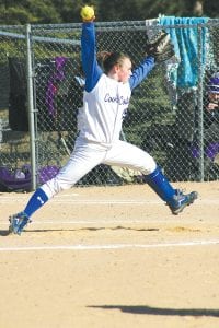 Play ball! Viking softball players looked super on their home field on Friday, April 16 when they beat Babbitt, 13-3. Left: Junior Kristina Rude took the mound for Cook County versus Babbitt at the Rec. Park ball field, giving up only 3 runs to the Knights.