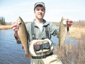 Pat Farrell from Shakopee, MN, had a great fishing weekend while staying at Lutsen Resort. Farrell was guided by Bruce Zimpel and caught some brook trout on the upper stretch of an area river. He is pictured here with a 16-inch and 14-inch trout, the largest he has ever caught. The fish were caught on Farrell’s 9-foot, 5-weight fly rod with an olive leech beaded fly. The inland stream trout opener was April 17.