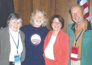 Cook County had good representation at the DFL State Convention held Friday and Saturday, April 23-24 at the DECC in Duluth. Above: Cook County Alternates Joan Farnam and Denny FitzPatrick with Amy Klobuchar and delegate Bill Hennessy visit at the convention. Left: Cook County alternates were standing by to step in at the delegate table if needed. (L-R) Sam Parker, John Bottger, Denny FitzPatrick.