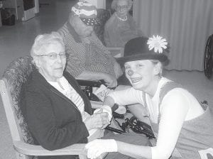 Some clowning around took place at the Care Center in April. Ina Radloff enjoyed “Exercise Foolishness,” a program designed by clown Korey Thompson to encourage health-giving physical exercise while having fun.