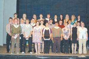 Members of the Cook County High School Honor Society: (L-R, front) Alec Muhich, Kipp Sande, Sarah O’Phelan, Carly Puch, Jonathan Baumann, Micheala Buchheit, Sophie Holz and Annika Stone. (L-R, middle) Sebastian Schnobrich, Drew Holmen, Skyler Johnson, Amber Todd, Will Brandenburg, Will Petty, David Bergstrom, and Karl Ingebrigtsen. (L-R, back) Karlee Axtell, Molly Zafft, Molly Rider, Ailee Larson, Jacob Rude, Kristina Rude, Ashley Deschampe, Cecelia Olsen, Katrina Axtell and Ashley Ross.