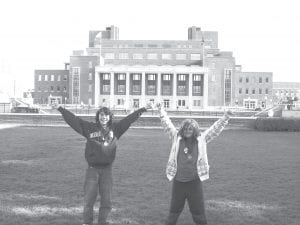 Cook County Middle School eighth graders Joey Chmelik and Alex Jones celebrate in front of Kaufman Memorial Union after their presentation to the judges at the University of MN History Day competition on Saturday, May 1. The duo, who presented The Camera: Changing How People View the World, received honorable mention in the competition which saw 3,500- plus entrants.