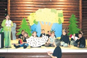 Nearly 90 proud parents, grandparents, and community members gathered in the Grand Portage Community Building on May 27 to see the Oshki Ogimaag spring play—an impressive production of Aesop’s Fables. Above: Samantha Scalise at the microphone next to an army of ants! Jimmy Turner, Jasmin Rankin, Raina Christenson, Kyler Deschampe, Patrick Pierre Jr., Ariana Poyirier, Shaelyn Novitksy, Torilyn Hover, Jordan Porter, Trusen Gordon. Standing in front: Mary Bjorngjeld. Left: Bringing Aesop’s Fables to life, Thomas Swanson and Sarah Smith.