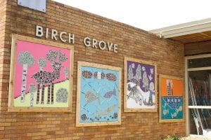 Some of the children who helped local artist Kelly Dupre design and build four mosaics for the front of Birch Grove Community School. The kids began the project in March and finished up last week. The project was funded by a generous grant from the Lloyd K. Johnson Foundation and was done in cooperation with the North Shore Fishing Museum. (L-R) Jake Bilben, Hazel Oberholtzer, Hana Borson, Nathan Bilben, Jamie Johnson, and Aurora Ramsdell.