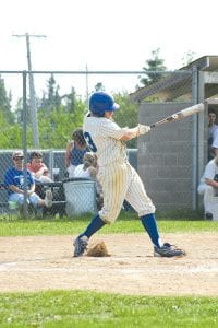 The Viking baseball season came to an end last week. Left: Senior James Groth muscles the bat at a recent home game. Above: Coach Arleigh Jorgenson talks to Colin Everson about his next at bat.