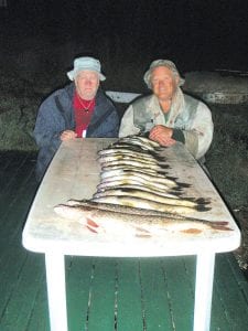 Vince Ekroot of Little Vince’s Fishing Guide Service reports that walleyes have been biting extremely well. Vince is pictured here with Bob Brandt standing behind their group’s evening’s catch of 18 walleyes and two northerns.