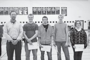 The recipients of the 2010 Lloyd K. Johnson Foundation scholarship to Lake Superior College in Duluth received their scholarships from Bryan Hackbarth at the Cook County High School awards assembly in May. (L-R) Hackbarth, Cody Anderson, Christian Cole, Skyler Johnson, Haley Ruhanen.