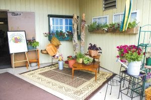 Above left: The entrance to the Cook County Community Center was inviting Friday, July 16 for the Grand Marais Garden Club’s annual flower show. This year’s theme was “A Tisket, A Tasket” – baskets. Above: Susan McCormick provided beautiful music on her folk harp.