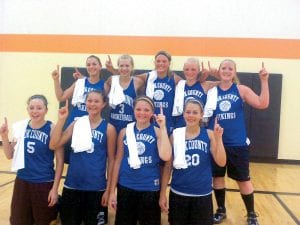 The tired, but proud, Cook County girls’ basketball league players at the Grand Rapids tournament where they won all four games played. (L-R, front) Leah Utities, Teresa Morrin, Taylor Ryden, Brianna Peterson. (L-R, back) Ashley Deschampe, Molly Zafft, Brea Boomer, Ailee Larson, Becca Laky.