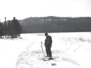 A study on the sound levels heard in the BWCAW from the proposed South Fowl Snowmobile Access was completed in the winter of 2009. This is sound checkpoint 8. The arrow is the approximate location of the proposed trail.