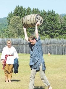 Corey Morse of Lindstrom, MN just missed out on bragging rights in the Golden Galette cooking contest. His delicious piroges won second place. But Morse redeemed himself in the Rugged Voyageur Contest by completing the voyageur obstacle course and hefting the keg in the fastest time— 51 seconds.