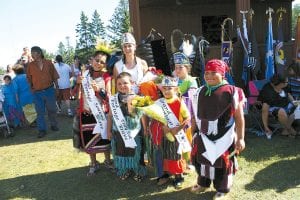 The 2010 Grand Portage Royalty candidates danced in the very hot sun to the drum of Black Bear Crossing on Saturday, August 14. Named to represent Grand Portage in the coming year were (L-R, front) Tiny Tot Brave Patrick Pierre, Jr., Tiny Tot Princess Rhonnie Poyirier, Junior Brave John Pierre. L-R, back) Senior Brave Jaden Aubid, Senior Princess Autumn Clearwater Day, Junior Princess Samantha Scalise.