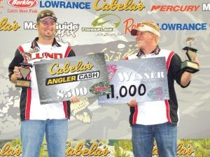 Happy fishermen! John Dircks of Devils Lake, ND and Curtis Blake of Grand Marais (right) celebrate their win in the Cabela’s Master Walleye Circuit (MWC) tournament. The fishing friends won $11,000 for catching the five largest walleyes in the August 21 tournament.