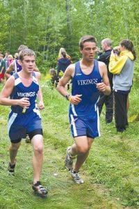 Above: The Vikings did well at the 15-team Eveleth Invitational. Josh Ensign and David Bergstrom ran together for much of the varsity race at home at Pincushion (above) and at Eveleth. At the Eveleth Invite, David finished in 12th and Josh in 14th.