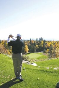 The 15th annual North Shore Health Care Foundation Golf Tournament was a huge success with 22 teams taking advantage of the beautiful fall weather to play golf for a good cause. Lutsen golf pro Heath Ekstrom shows off his form on canyon hole 8. Golfers got the chance to see if they could beat Ekstrom by hitting the ball closer to the pin than he could. Most failed, but all gave it a good try. See more about the golf tournament on page B5.