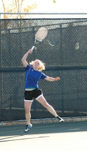 Shelby Ahrendt shows off some of her athleticism in her match against Duluth Central’s Naomi Robinson. Ahrendt is the Vikings #1 singles player and played like it in her match against Ahrendt, sweeping two sets by scores of 6-2, 6-3.